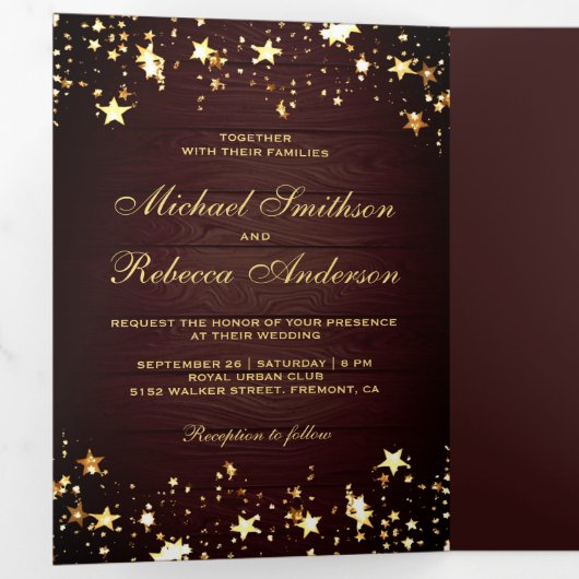 ゴールドフォイルスターズ素朴紙吹雪バーンウッド結婚ズ 三つ折り招待状 (内部最初)