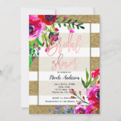 ゴールドフォイルストライプグリッターはっきりしたフローラブライダルシャワー 招待状 (正面)