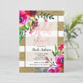 ゴールドフォイルストライプグリッターはっきりしたフローラブライダルシャワー 招待状 (スタンド正面)
