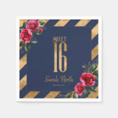 ゴールドフォイルストライプフローラネイビーブルーID757 スタンダードカクテルナプキン (正面)