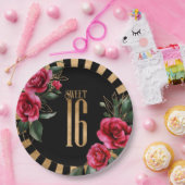 ゴールドフォイルストライプフローラSweet sixteenブラックID757 ペーパープレート (パーティー)