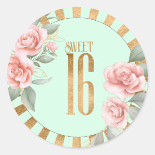 ゴールドフォイルストライプフローラSweet sixteenミントID757 ラウンドシール