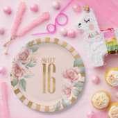 ゴールドフォイルストライプフローラSweet sixteen赤面ID757 ペーパープレート (パーティー)