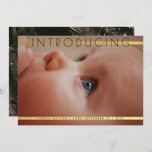 ゴールドフォイルストライプ誕生写真の発表 案内状 (正面/裏面)