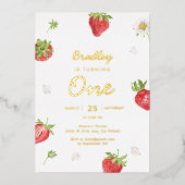 ゴールドフォイルストロベリーガールファースト誕生日 箔招待状 (正面)