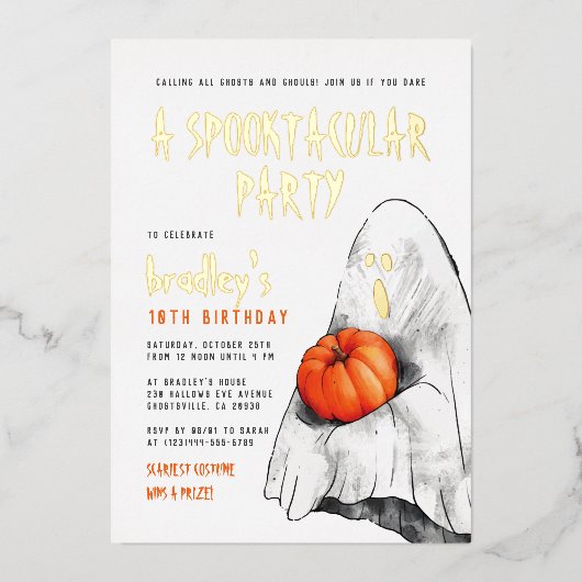 ゴールドフォイルスプークタキュラハロウィーン誕生日パーティー 箔招待状 (正面)