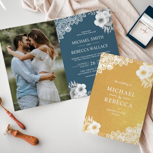 ゴールドフォイルダスティブルーフローラ結婚式招待状 箔カード