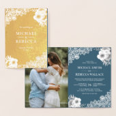 ゴールドフォイルダスティブルーフローラ結婚式招待状 箔カード (ディスプレー)