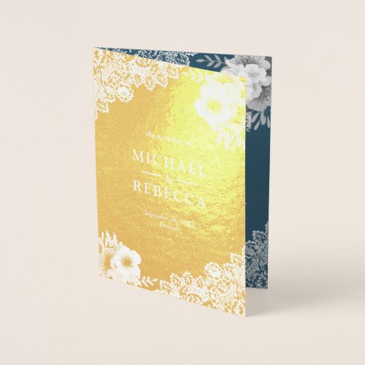 ゴールドフォイルダスティブルーフローラ結婚式招待状 箔カード (正面)