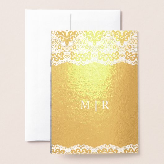 ゴールドフォイルダスティブルーホワイトレース結婚式招待状 箔カード (裏面封筒付き)