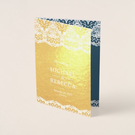 ゴールドフォイルダスティブルーホワイトレース結婚式招待状 箔カード (正面)