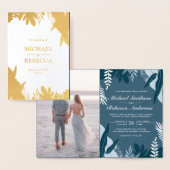 ゴールドフォイルダスティブルー葉結婚式招待状 箔カード (ディスプレー)