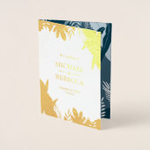 ゴールドフォイルダスティブルー葉結婚式招待状 箔カード (正面)