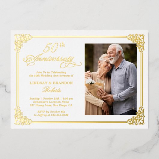 ゴールドフォイルダマスクフレーム 結婚記念日写真 箔招待状 (正面)