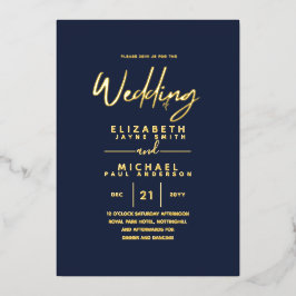 ゴールドフォイルダークネイビーモダンブルーオールインワン結婚ズ 箔招待状