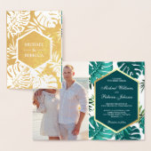 ゴールドフォイルティール(緑がかった色)グリーンモンステラ結婚式招待状 箔カード (ディスプレー)