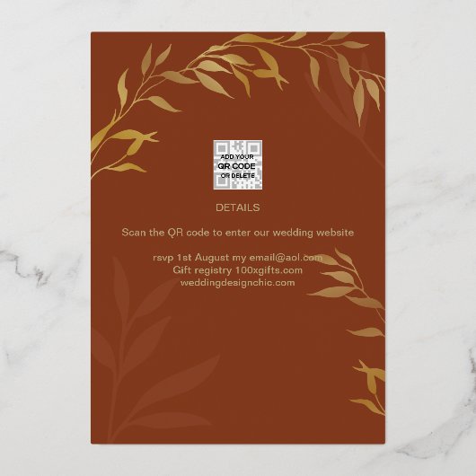 ゴールドフォイルテラコッタ葉ブライダルシャワーQRコード 箔招待状 (裏面)