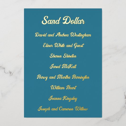 ゴールドフォイルテーブルシーティングゲストリスト5x7カード 箔招待状 (正面)