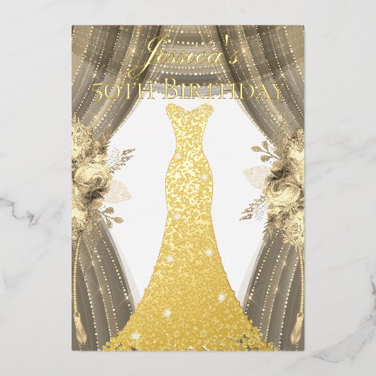 ゴールドフォイルドレスゴールデンフローラ50thバースデーパーティー 箔招待状 (正面)