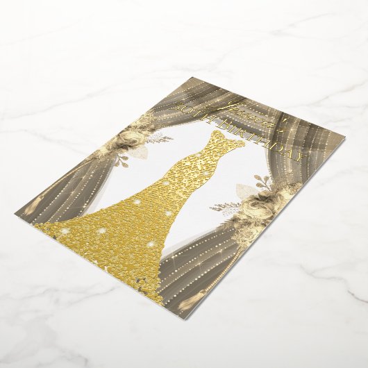 ゴールドフォイルドレスゴールデンフローラ50thバースデーパーティー 箔招待状 (回転した状態)