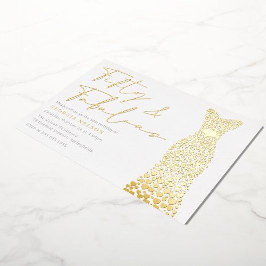 ゴールドフォイルドレスフィフティ&ファブ50th誕生日パーティー 箔招待状 (回転した状態)