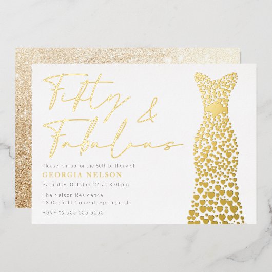 ゴールドフォイルドレスフィフティ&ファブ50th誕生日パーティー 箔招待状 (正面/裏面)