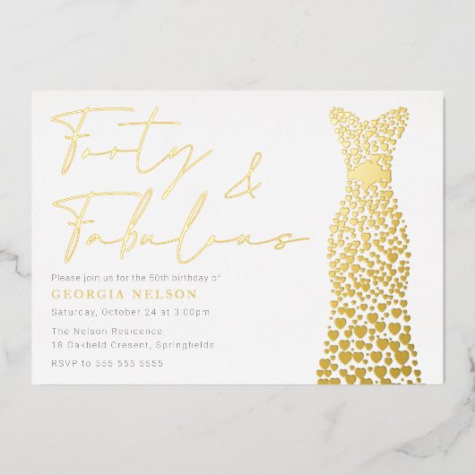 ゴールドフォイルドレスフォーティアンドファブ40th誕生日パーティー 箔招待状 (正面)