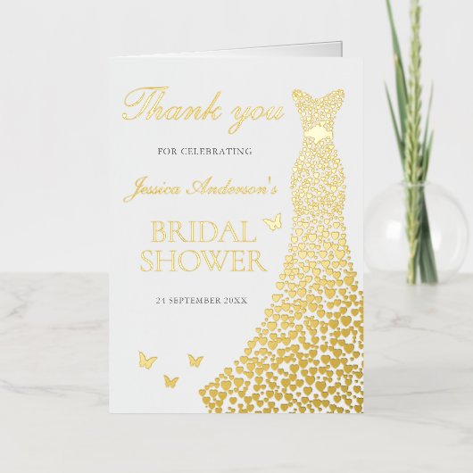 ゴールドフォイルドレスブライダルシャワーサンキューカード 箔グリーティングカード (正面)