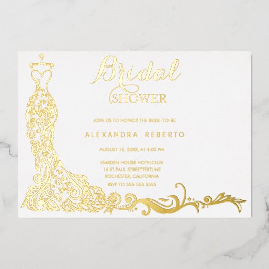 ゴールドフォイルドレス結婚ズブライダルシャワー 箔招待状 (正面)