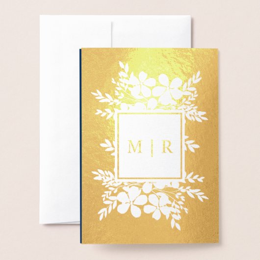 ゴールドフォイルネイビーブルーフローラ結婚式招待状 箔カード (裏面封筒付き)