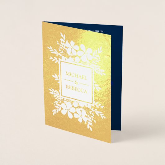 ゴールドフォイルネイビーブルーフローラ結婚式招待状 箔カード (正面)