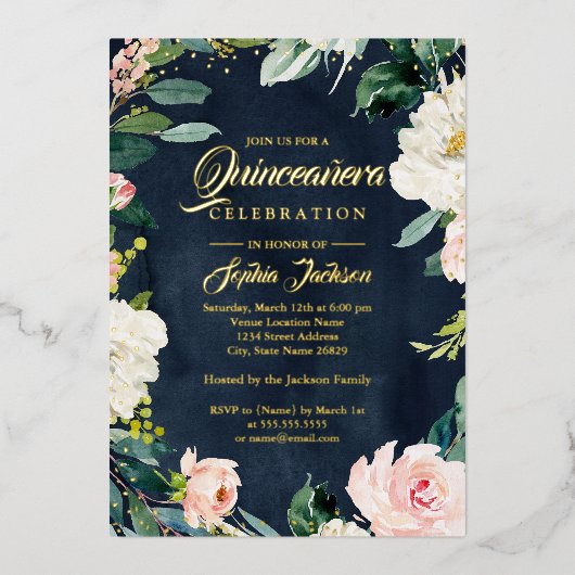 ゴールドフォイルネイビー赤面フローラリースキンセアニェラ 箔招待状 (正面)