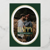 ゴールドフォイルハッピーホリデイズグリーンオーバルフレームフォト 箔シーズンカード (正面)