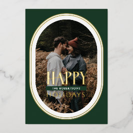 ゴールドフォイルハッピーホリデイズグリーンオーバルフレームフォト 箔シーズンカード