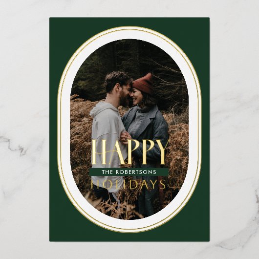 ゴールドフォイルハッピーホリデイズグリーンオーバルフレームフォト 箔シーズンカード (正面)