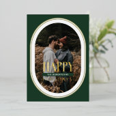 ゴールドフォイルハッピーホリデイズグリーンオーバルフレームフォト 箔シーズンカード (立ち正面)