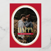 ゴールドフォイルハッピーホリデイズレッドオーバルフレームフォトカード