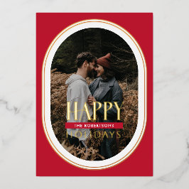 ゴールドフォイルハッピーホリデイズレッドオーバルフレームフォトカード 箔シーズンカード