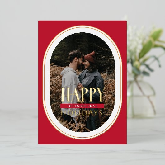 ゴールドフォイルハッピーホリデイズレッドオーバルフレームフォトカード 箔シーズンカード (立ち正面)