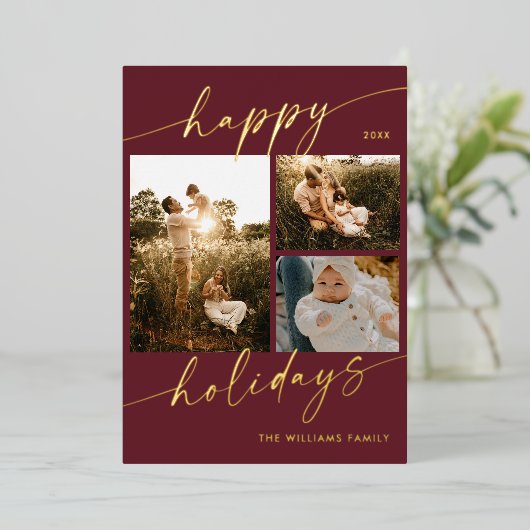 ゴールドフォイルハッピーホリデーズフォトクリスマスカード 箔招待状 (立ち正面)