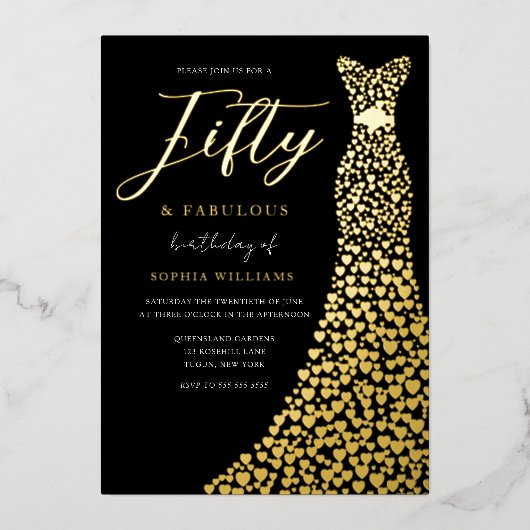 ゴールドフォイルハートドレス50thバースデーパーティーゴールデン 箔招待状 (正面)