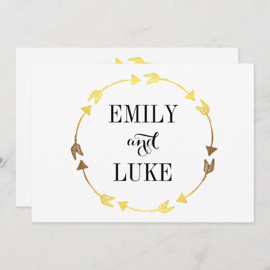 ゴールドフォイルハートリースロマンチック婚約 招待状 (正面/裏面)