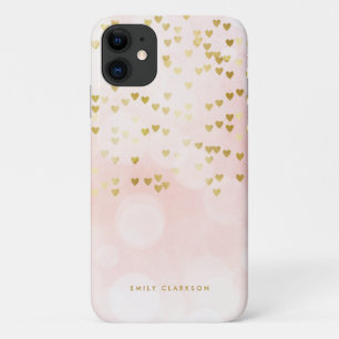 ゴールドフォイルハート紙吹雪ピンク《写真》ぼけ味 パーソナライズされた iPhone 11 ケース