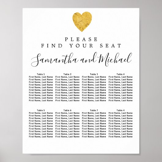 ゴールドフォイルハート8結婚テーブルの座席表 ポスター (正面)
