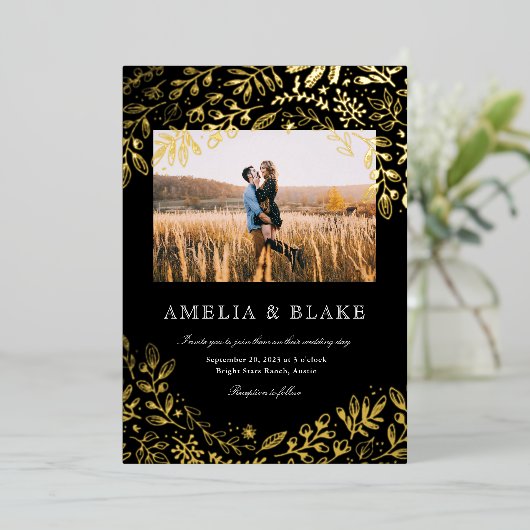 ゴールドフォイルハーベストフラワーフォト結婚式招待状 箔招待状 (立ち正面)