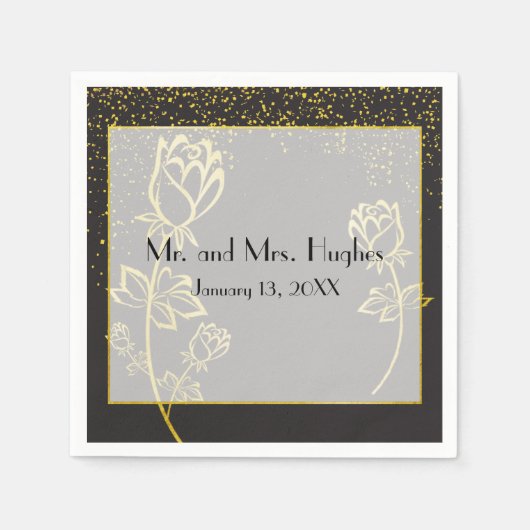 ゴールドフォイルバラの花の透結婚かしテーマ スタンダードカクテルナプキン (正面)