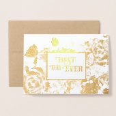 ゴールドフォイルバラタイポグラフィ結婚式招待状 箔カード (封筒付き正面)