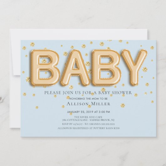 ゴールドフォイルバルーン男の子ベビーシャワー招待状 招待状 (正面)