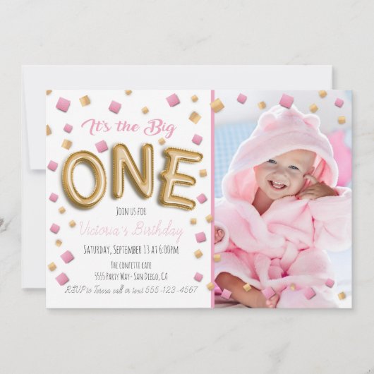 ゴールドフォイルバルーン1stバースデーフォト招待状 招待状 (正面)