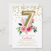 ゴールドフォイルバルーン7誕生日フローラワイルドフラワー 招待状 (正面)